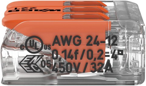 Szybkozłączka uniwersalna LINKA/DRUT 3x 0,2-4mm2 WAGO 221-413 (Paczka 50szt.)